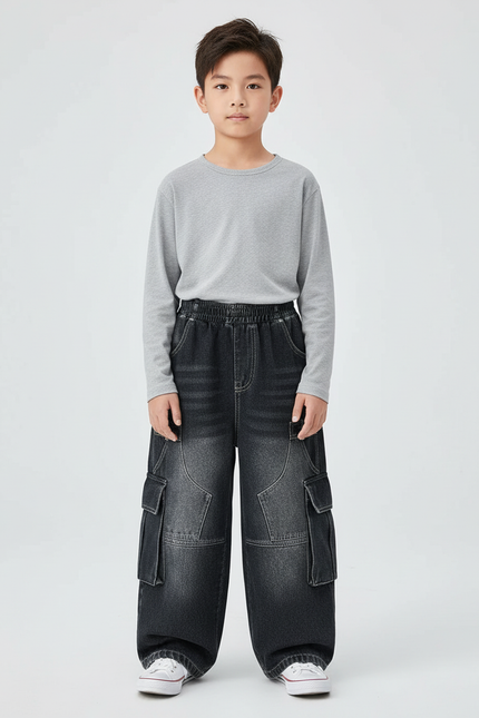 Pantalon Cargo Jean Ample Délavé Garçon Multipoches - Noir