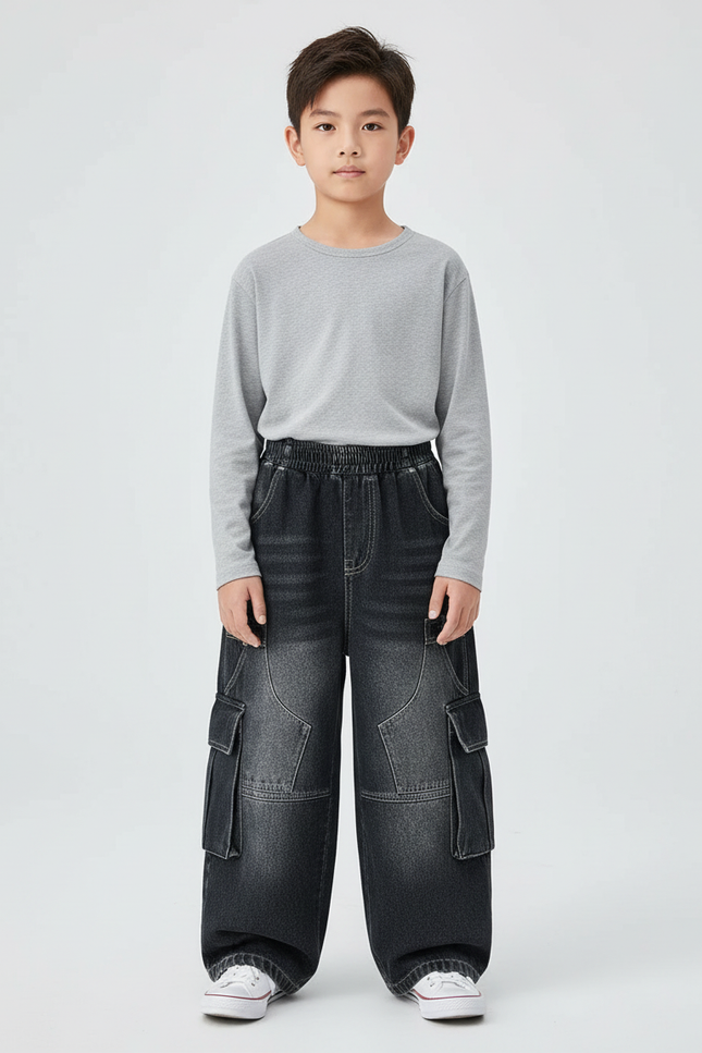 Pantalon Cargo Jean Ample Délavé Garçon Multipoches - Noir