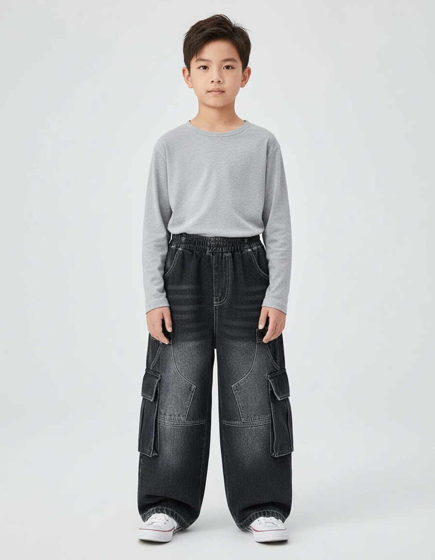 Pantalon Cargo Jean Ample Délavé Garçon Multipoches - Noir