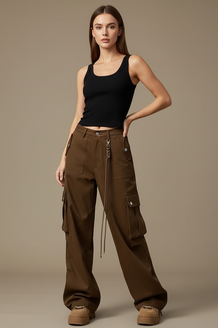 Pantalon Cargo Marron Ample Multipoches Femme - Gabardine