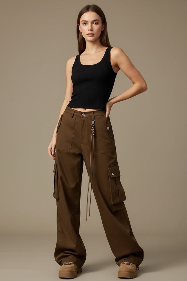 Pantalon Cargo Marron Ample Multipoches Femme - Gabardine