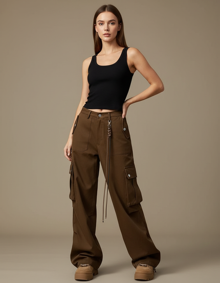 Pantalon Cargo Marron Ample Multipoches Femme - Gabardine