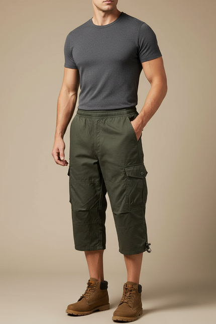 Pantalon Cargo Vert Kaki Court Multipoches Décontracté Homme - Toile
