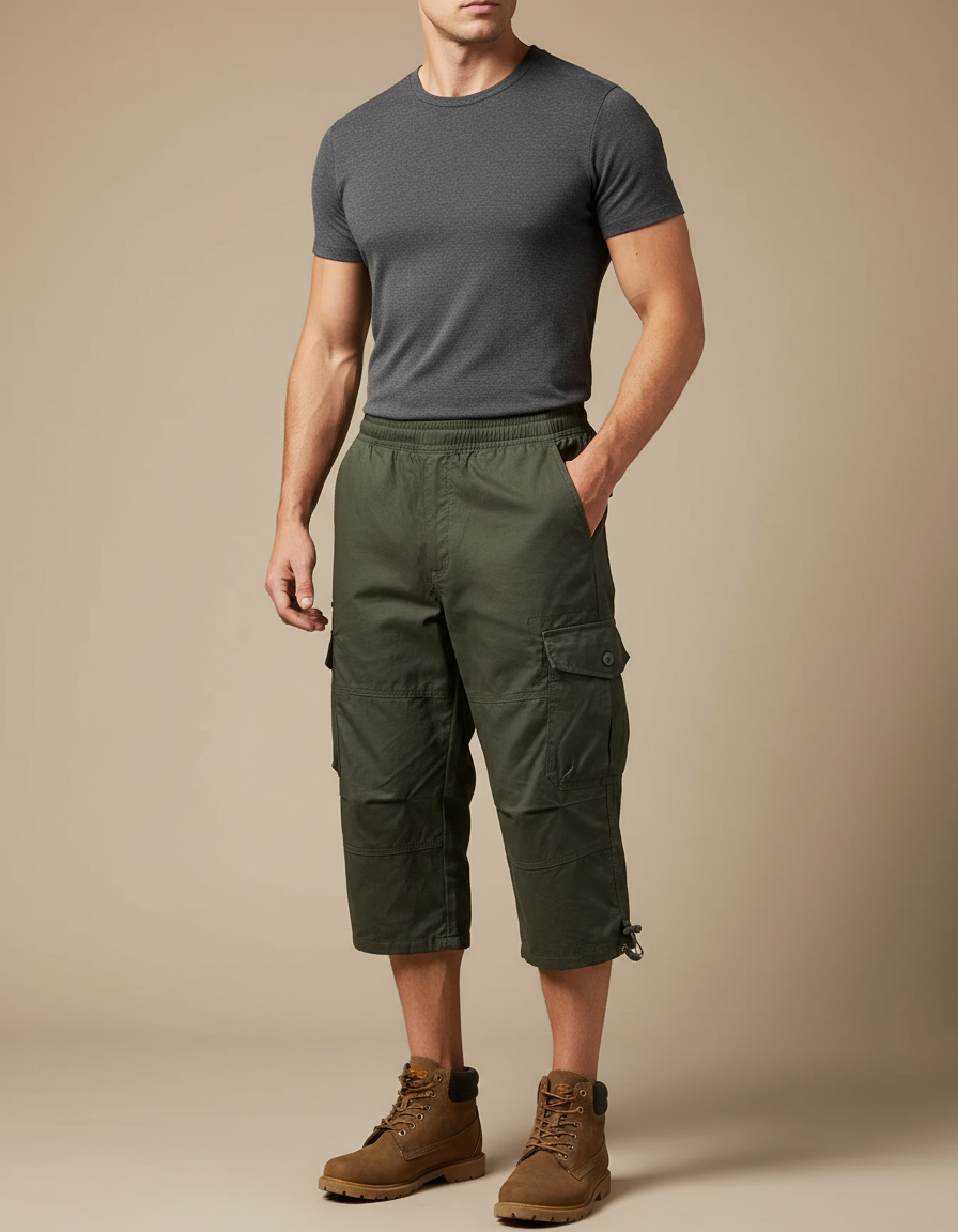 Pantalon Cargo Vert Kaki Court Multipoches Décontracté Homme - Toile