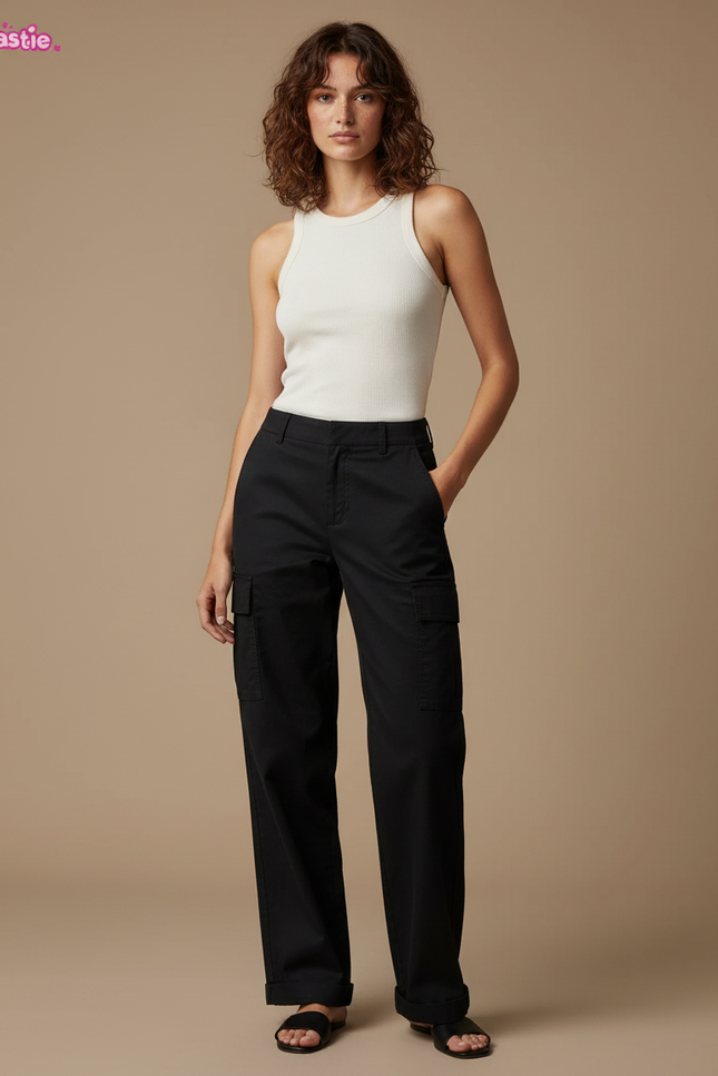 Pantalon Cargo Noir Ample Décontracté Femmes Coton