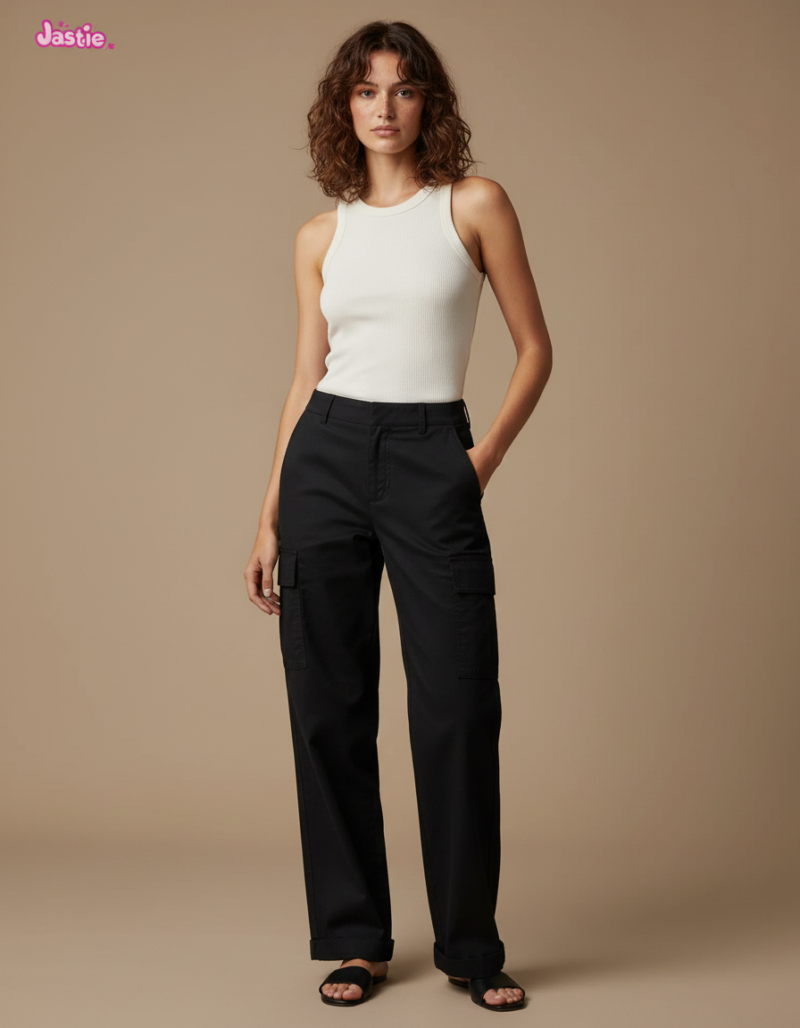 Pantalon Cargo Noir Ample Décontracté Femmes Coton