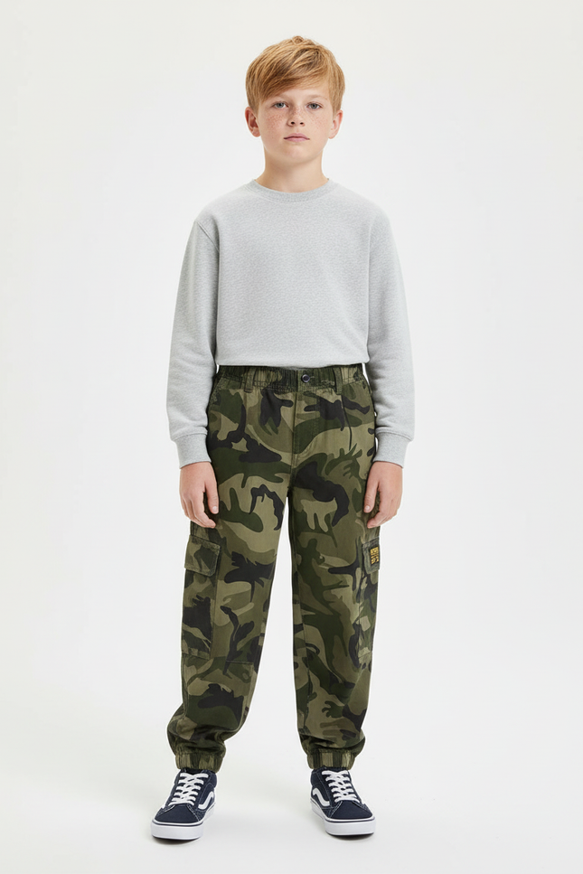 Pantalon Cargo Camouflage Coton Ample Garçon - Kaki