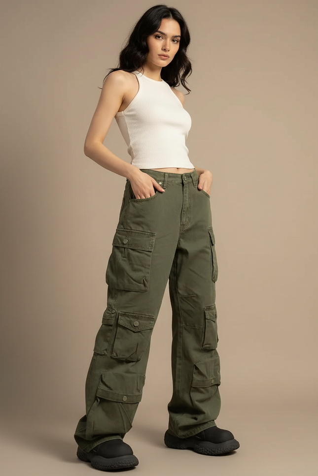 Pantalon Cargo Vert Kaki Ample Multipoches Décontracté - Toile