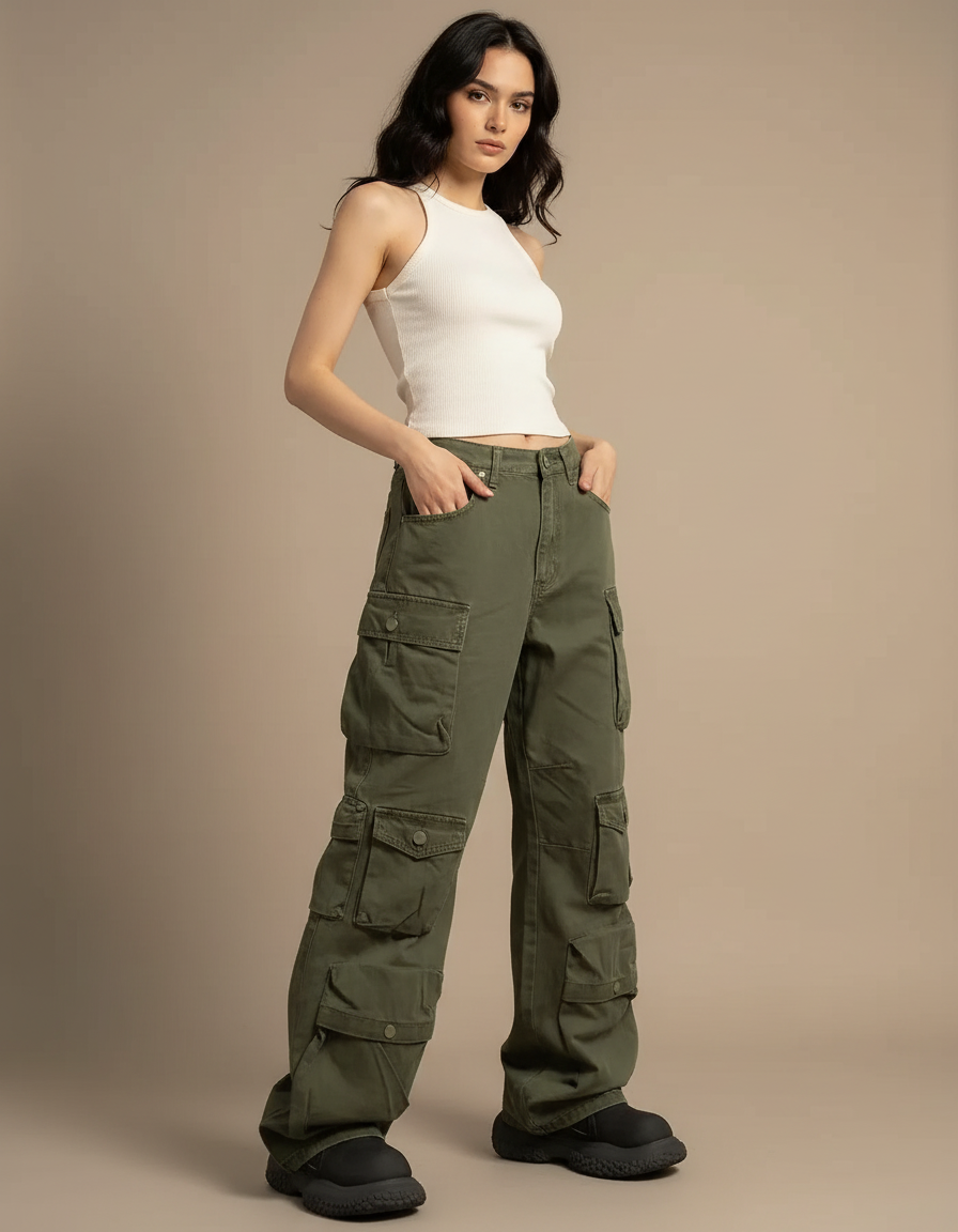 Pantalon Cargo Vert Kaki Ample Multipoches Décontracté - Toile