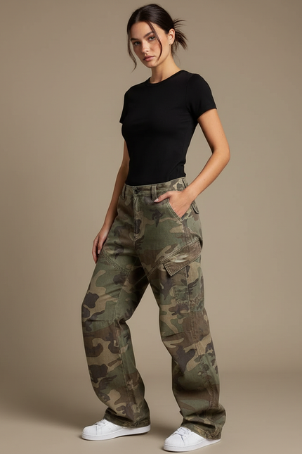 Pantalon Cargo Camouflage Ample Streetwear Multipoches Femme - Vert Toile