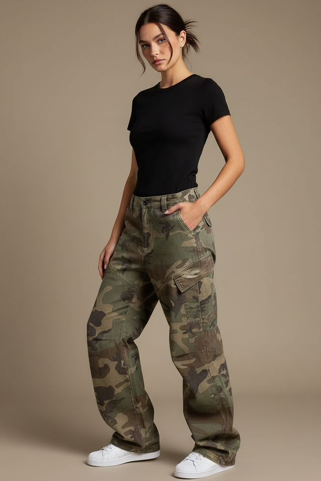 Pantalon Cargo Camouflage Ample Streetwear Multipoches Femme - Vert Toile
