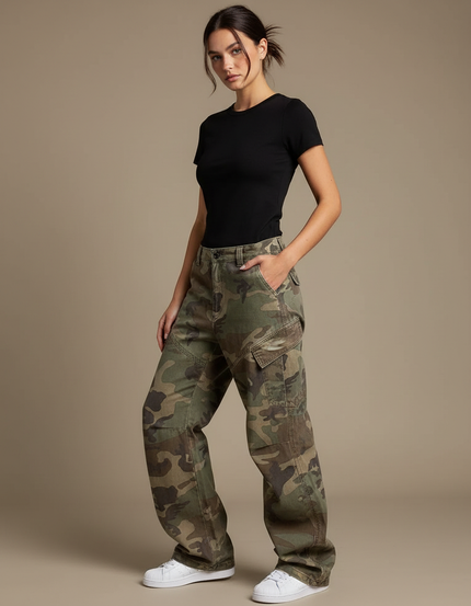 Pantalon Cargo Camouflage Ample Streetwear Multipoches Femme - Vert Toile