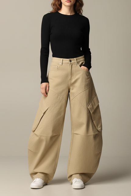 Pantalon Cargo Beige Ample Coton Multipoches Décontracté