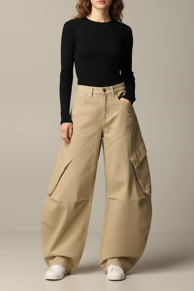 Pantalon Cargo Beige Ample Coton Multipoches Décontracté