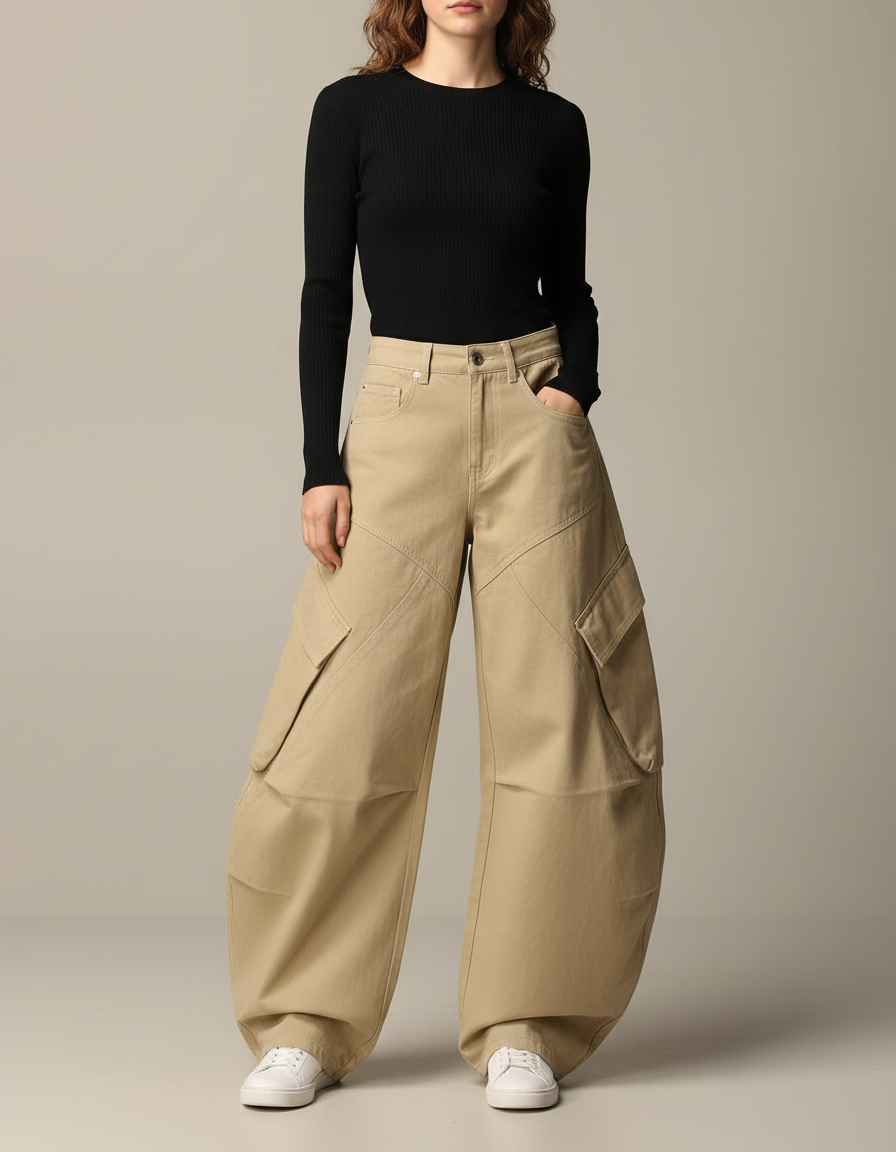 Pantalon Cargo Beige Ample Coton Multipoches Décontracté