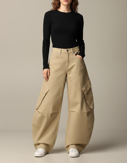 Pantalon Cargo Beige Ample Coton Multipoches Décontracté
