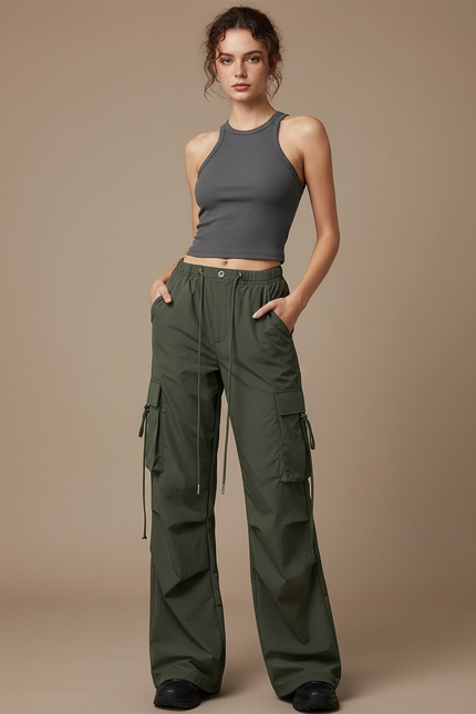 Pantalon Cargo Vert Militaire Ample Sportif Taille Haute - Polyester