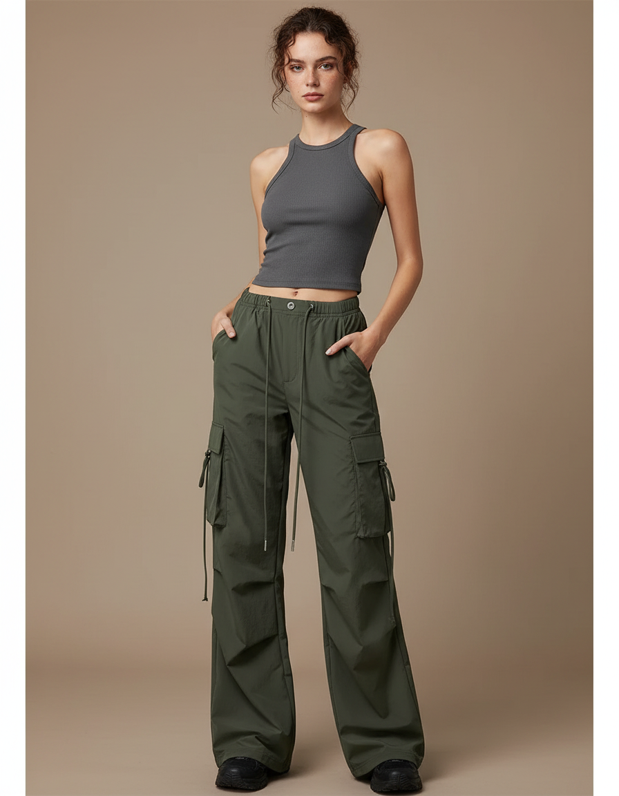 Pantalon Cargo Vert Militaire Ample Sportif Taille Haute - Polyester