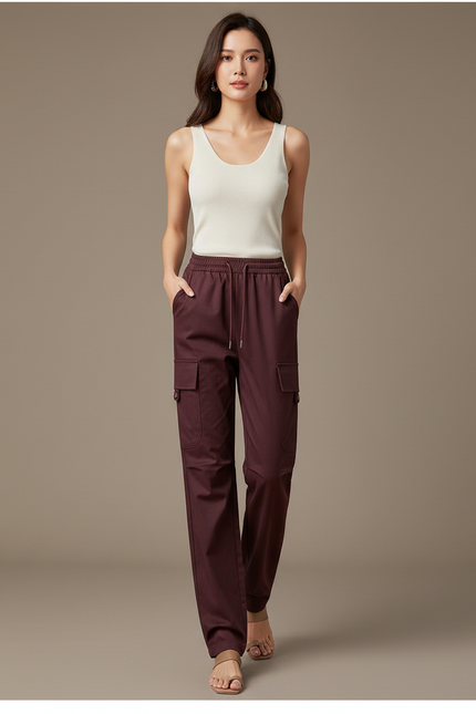 Pantalon Cargo Marron Droit Fluide Décontracté Femme - Bordeaux Gabardine