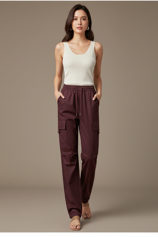Pantalon Cargo Marron Droit Fluide Décontracté Femme - Bordeaux Gabardine