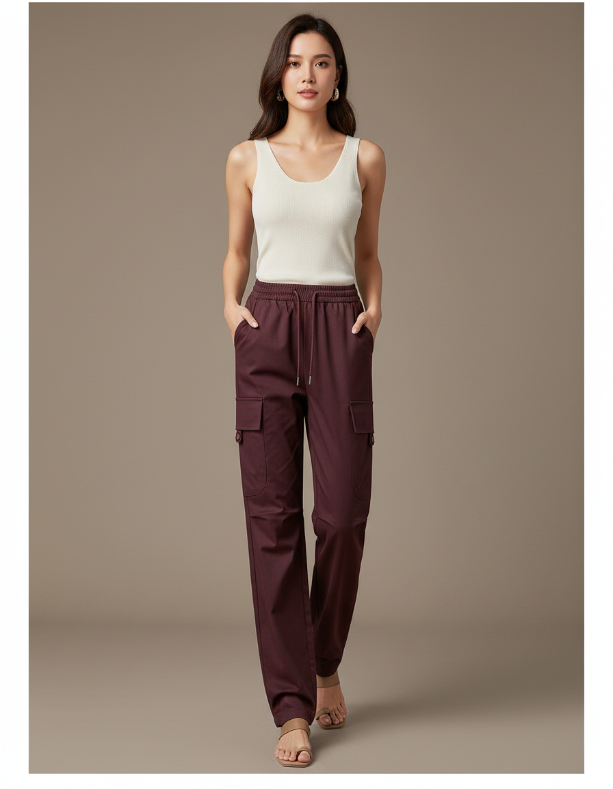 Pantalon Cargo Marron Droit Fluide Décontracté Femme - Bordeaux Gabardine