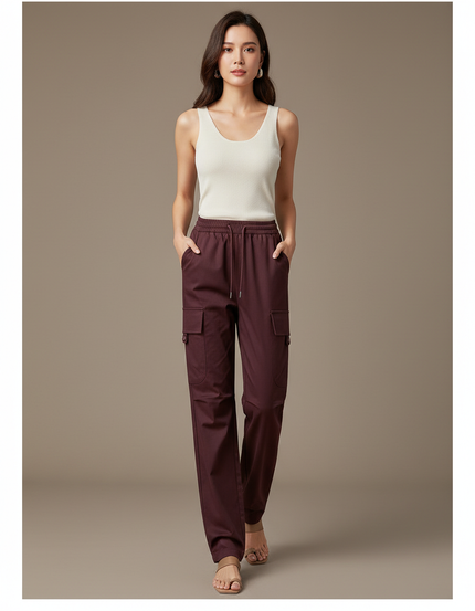 Pantalon Cargo Marron Droit Fluide Décontracté Femme - Bordeaux Gabardine