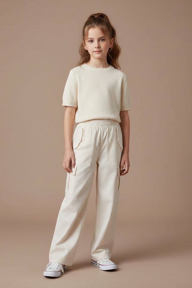 Pantalon Cargo Écru Ample Multipoches Enfant Décontracté - Beige Toile