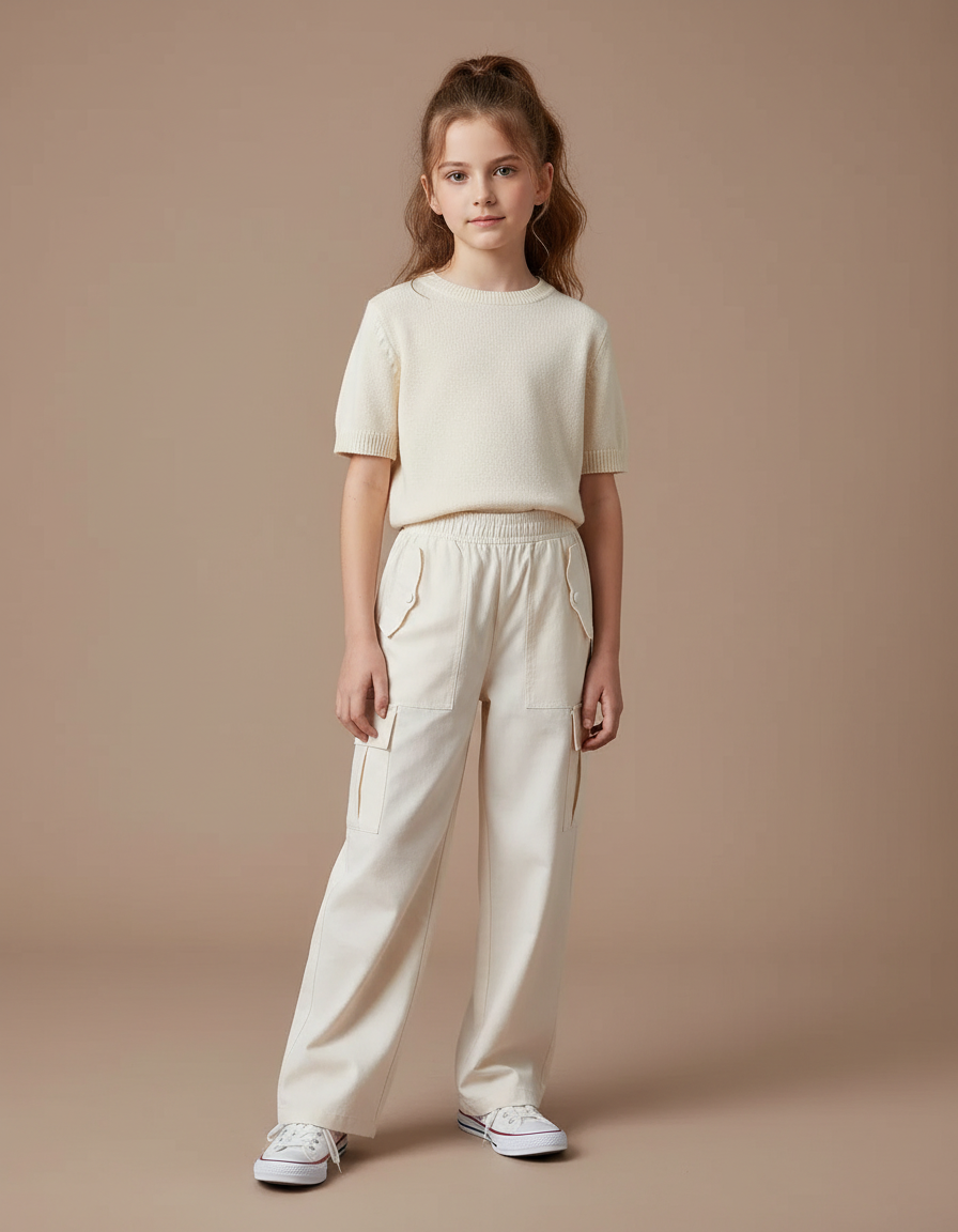 Pantalon Cargo Écru Ample Multipoches Enfant Décontracté - Beige Toile