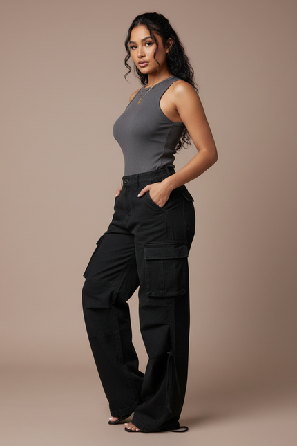 Pantalon Cargo Noir Ample Poches Latérales Femme - Toile