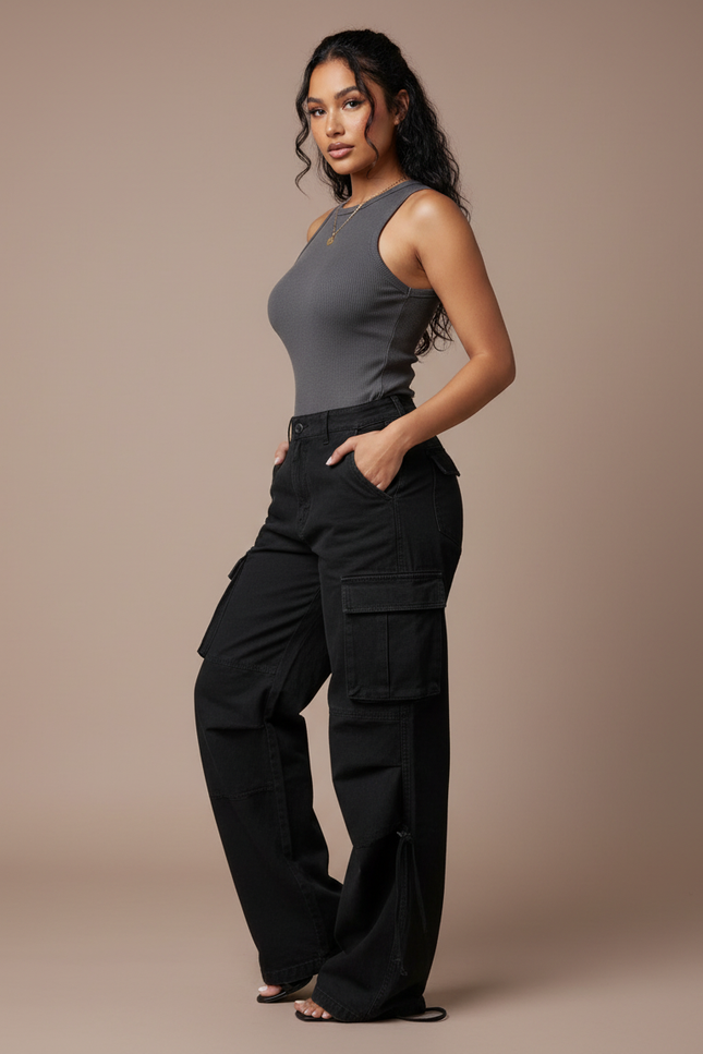 Pantalon Cargo Noir Ample Poches Latérales Femme - Toile
