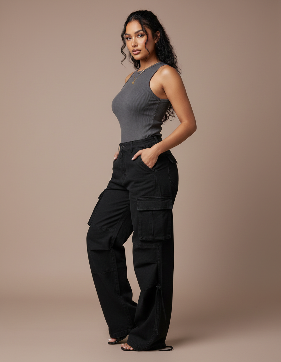 Pantalon Cargo Noir Ample Poches Latérales Femme - Toile