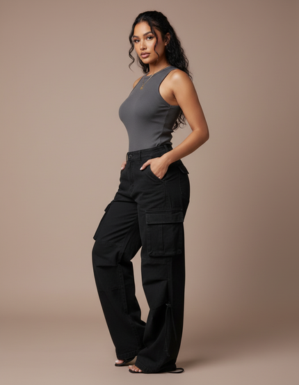Pantalon Cargo Noir Ample Poches Latérales Femme - Toile