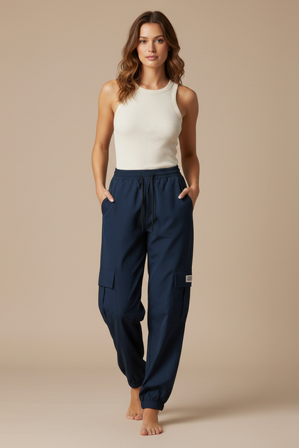 Pantalon Cargo Bleu Marine Ample Décontracté Multipoches - Polyester