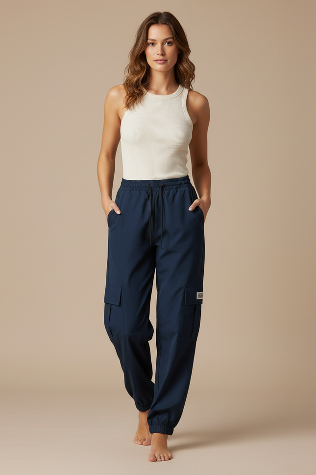 Pantalon Cargo Bleu Marine Ample Décontracté Multipoches - Polyester
