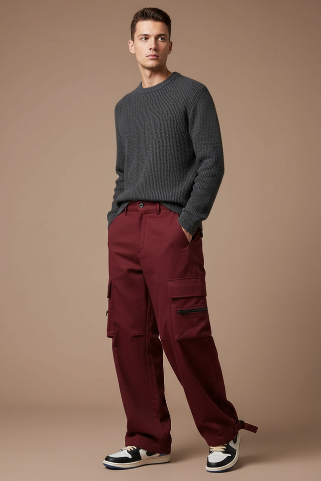 Pantalon Cargo Bordeaux Ample Multi-Poches Décontracté Homme - Toile