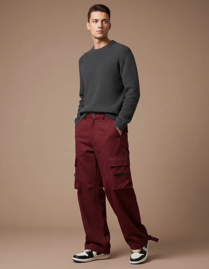 Pantalon Cargo Bordeaux Ample Multi-Poches Décontracté Homme - Toile