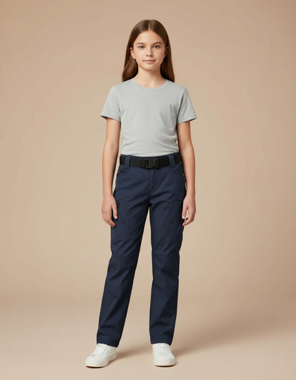 Pantalon Cargo Bleu Marine Fille Slim Multipoches - Gabardine