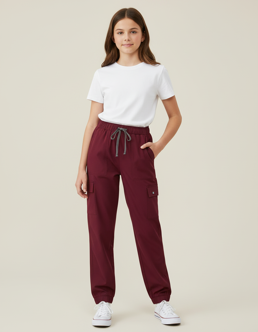 Pantalon Cargo Bordeaux Cordon Élastique Poches Latérales - Polyester