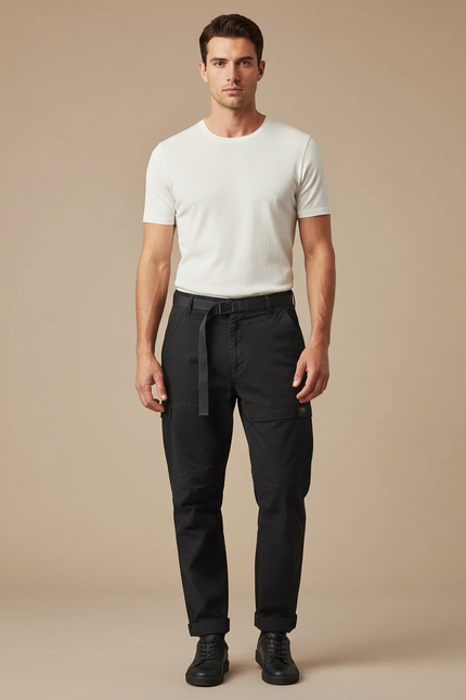 Pantalon Cargo Noir Coton Ceinture Décontracté Homme