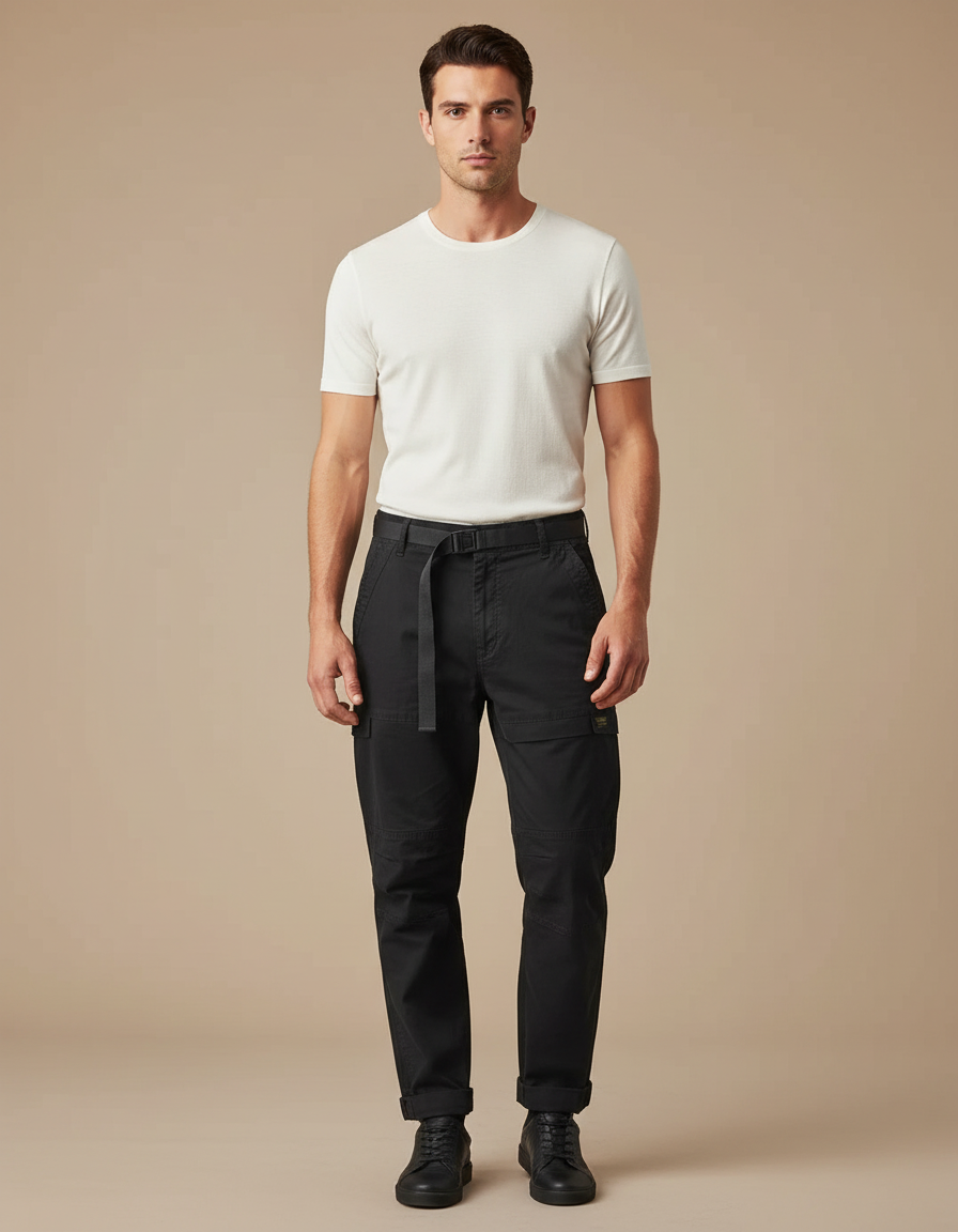 Pantalon Cargo Noir Coton Ceinture Décontracté Homme