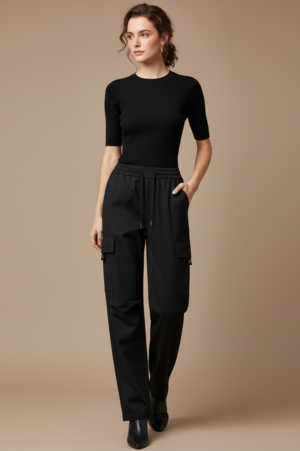 Pantalon Cargo Noir Ample Taille Haute Fluide - Gabardine