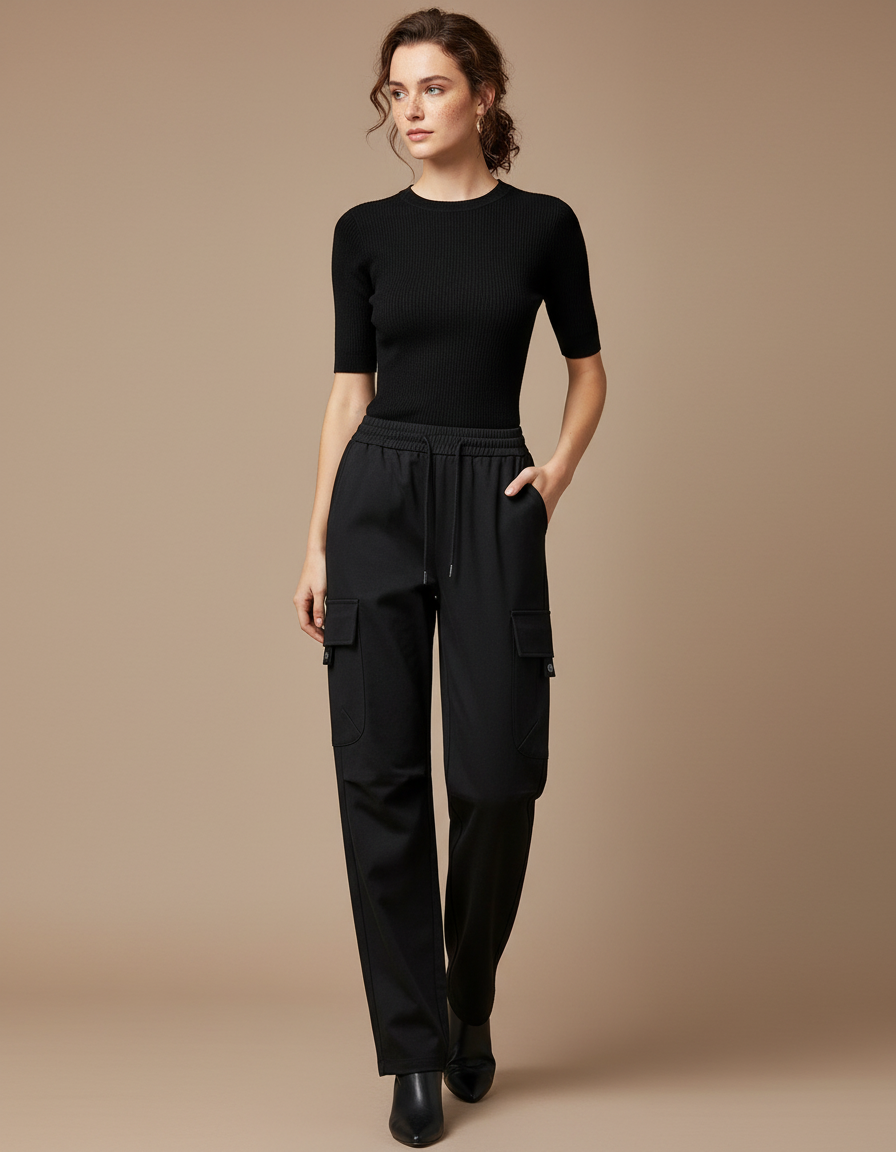 Pantalon Cargo Noir Ample Taille Haute Fluide - Gabardine