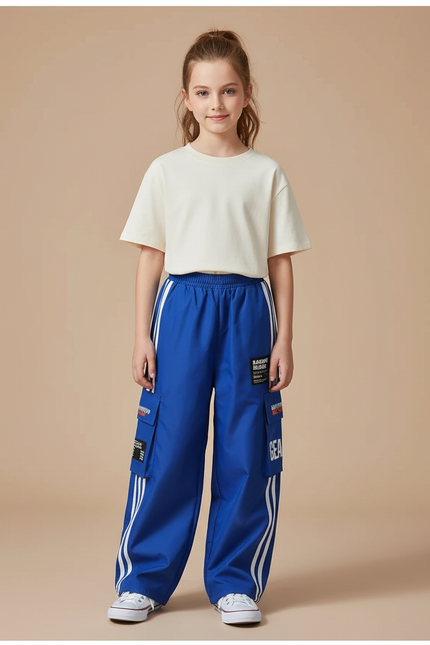 Pantalon Cargo Bleu Ample Rayures Blanches Enfant - Polyester