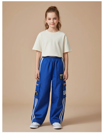 Pantalon Cargo Bleu Ample Rayures Blanches Enfant - Polyester