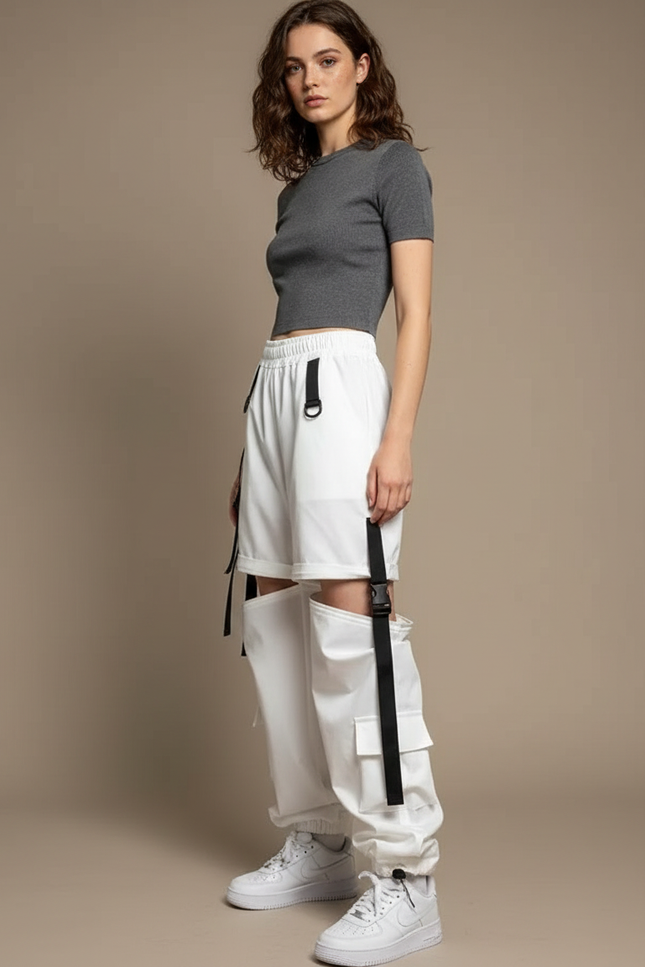 Pantalon Cargo Blanc Ample Amovible Femme - Gabardine