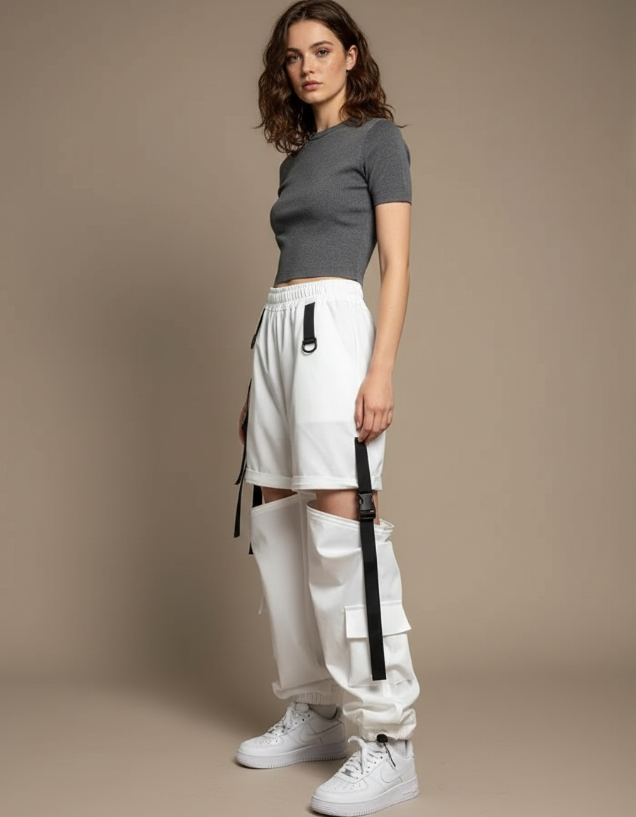 Pantalon Cargo Blanc Ample Amovible Femme - Gabardine