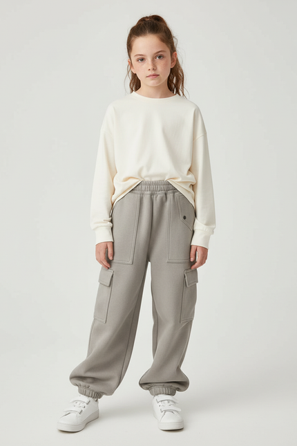 Pantalon Cargo Gris Ample Molletonné Multipoches Fille