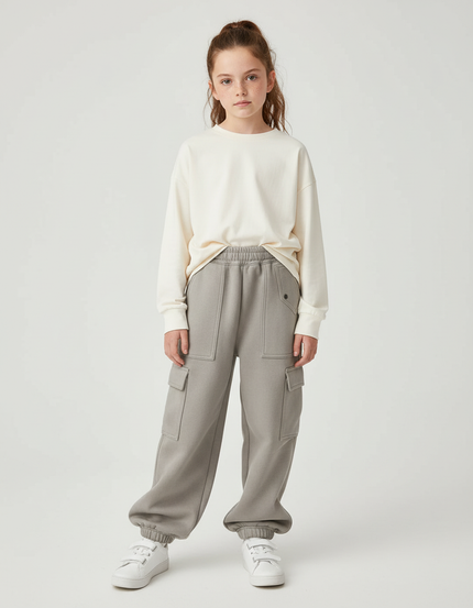 Pantalon Cargo Gris Ample Molletonné Multipoches Fille