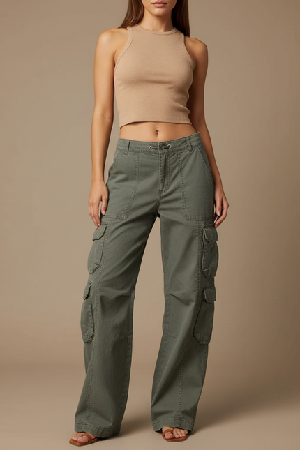 Pantalon Cargo Vert Ample Taille Basse Femme - Kaki Toile