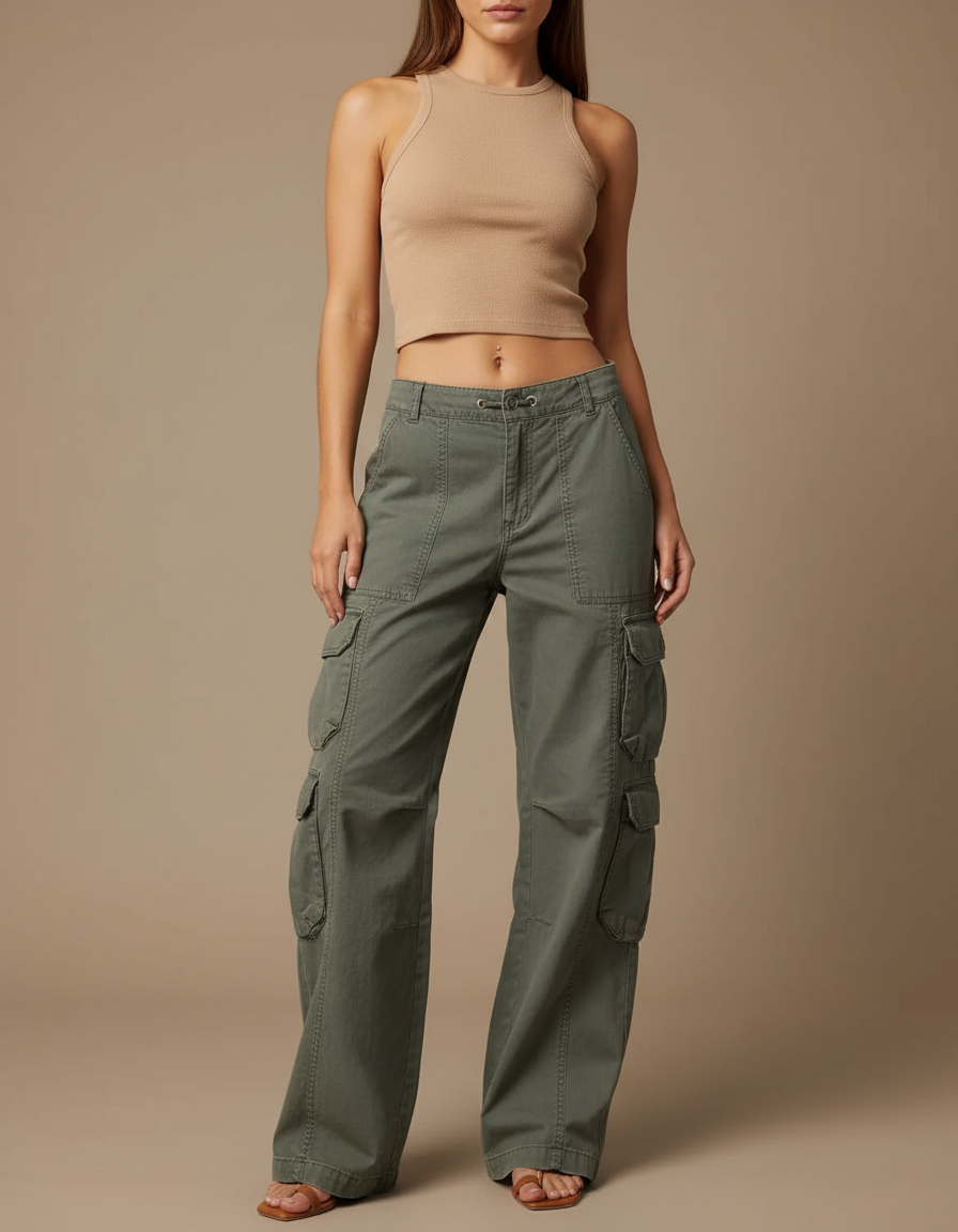 Pantalon Cargo Vert Ample Taille Basse Femme - Kaki Toile